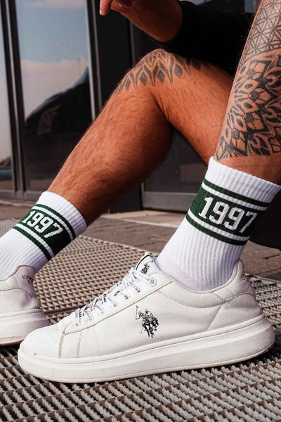 White and green men's cotton socks with 1997 pattern – side view showing retro print and ankle fit
