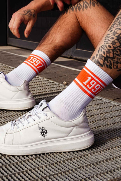 White and orange men's cotton socks with 1997 pattern – side view showing retro print and ankle fit
