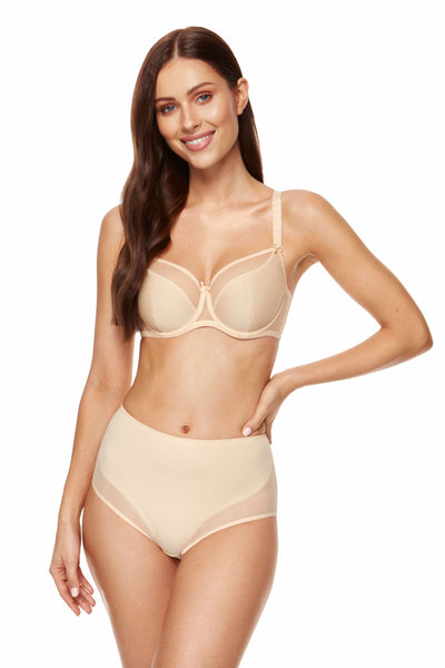 Zara beige smooth soft bra worn with a high-waist brief, front three-quarter view.