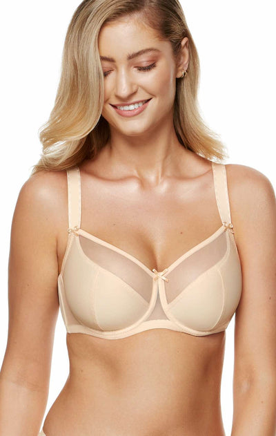 Zara smooth soft bra in beige, close front view with sheer tulle upper cups and a satin bow.