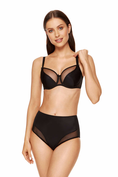 Zara black smooth soft bra with sheer mesh upper cups, worn with a high-waist brief.