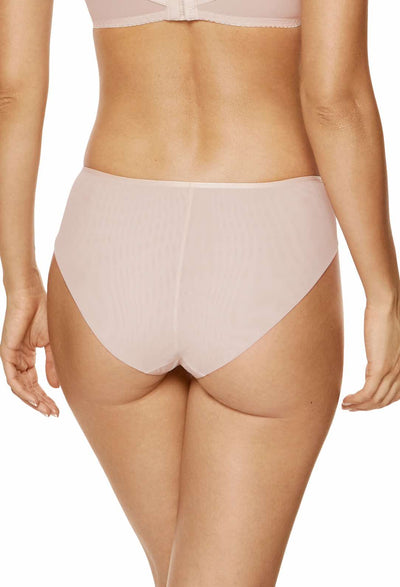 Femme beige lace panty, back view showing the sheer mesh rear and smooth waistband.