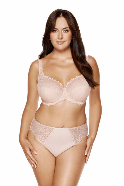 Femme beige lace panty worn with the matching lace-trimmed bra, front view on the model.