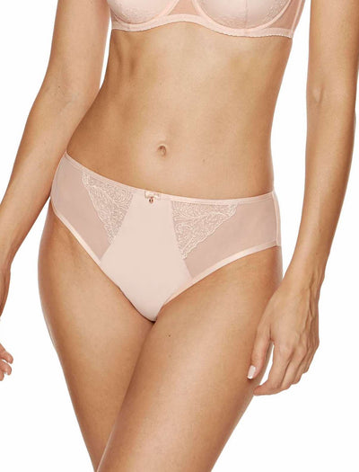 Charme embroidered panty in powder pink, front view with lace side panels and a satin bow.