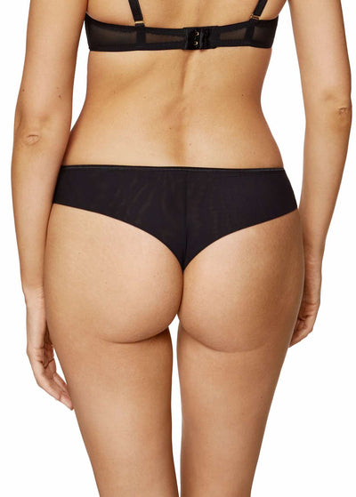 Coco black embroidered thong, back view showing the smooth mesh rear and narrow waistband.