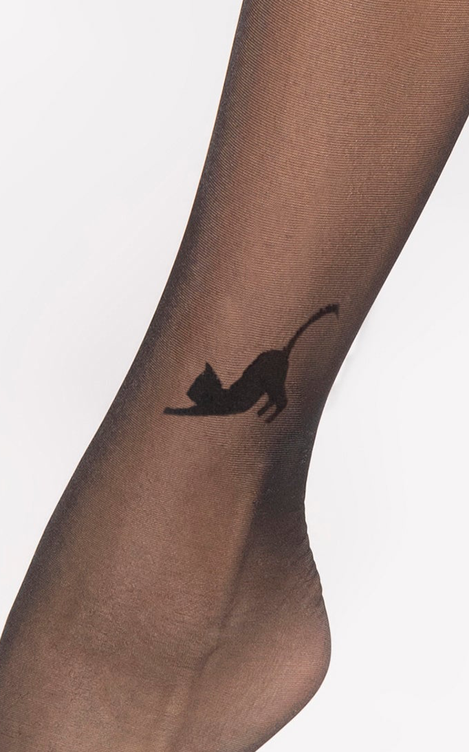 Black tights displayed with a cat stretching its back, featured by Spanties Lingerie, Dublin’s trusted online boutique