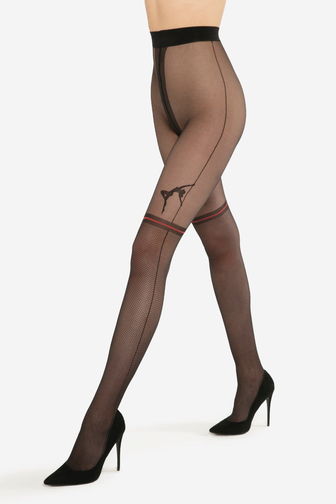 Elegant black and red suspender tights with pole dancer pattern and decorative mesh, transparent 20 den fabric