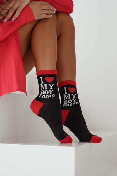 Black cotton socks with "I Love My Boyfriend" text print – side view showing slogan and ankle fit

