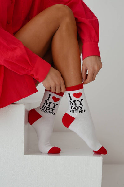 White cotton socks with "I Love My Boyfriend" text print – side view showing slogan and ankle fit
