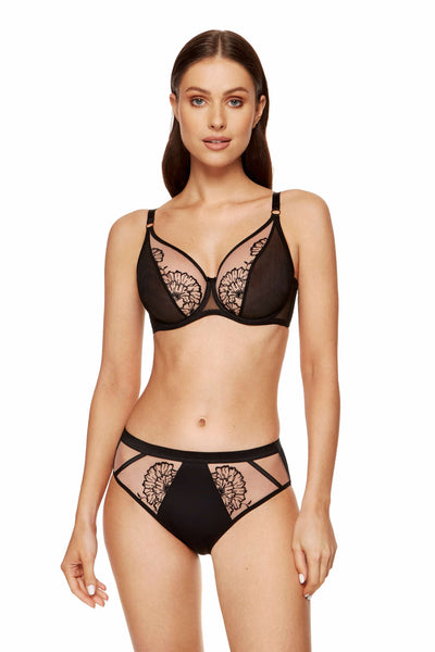 Kala floral embroidered soft bra in black and beige, front view with the matching brief.
