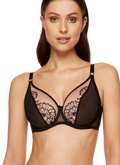 Kala black and beige soft bra with sheer triangle cups, floral embroidery, and gold hardware, designed for larger busts