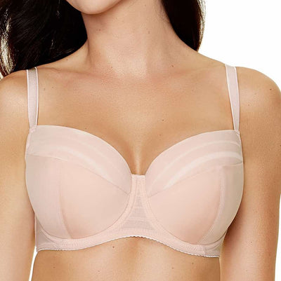 Luna striped padded bra in beige, close front view of the smooth cups and centre bow.