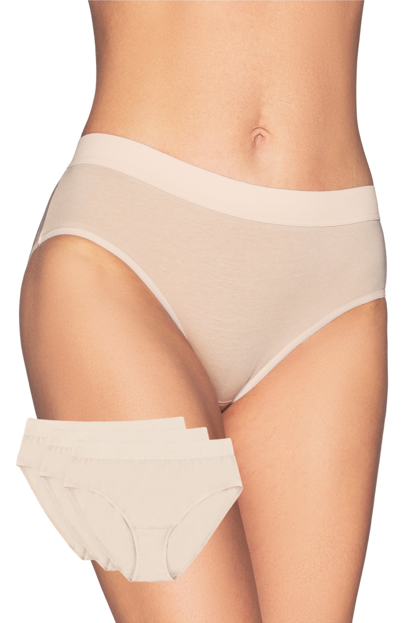 Beige three-pack of 100% cotton panties with elastic waistbands and cotton crotch for breathable comfort and everyday secure wear