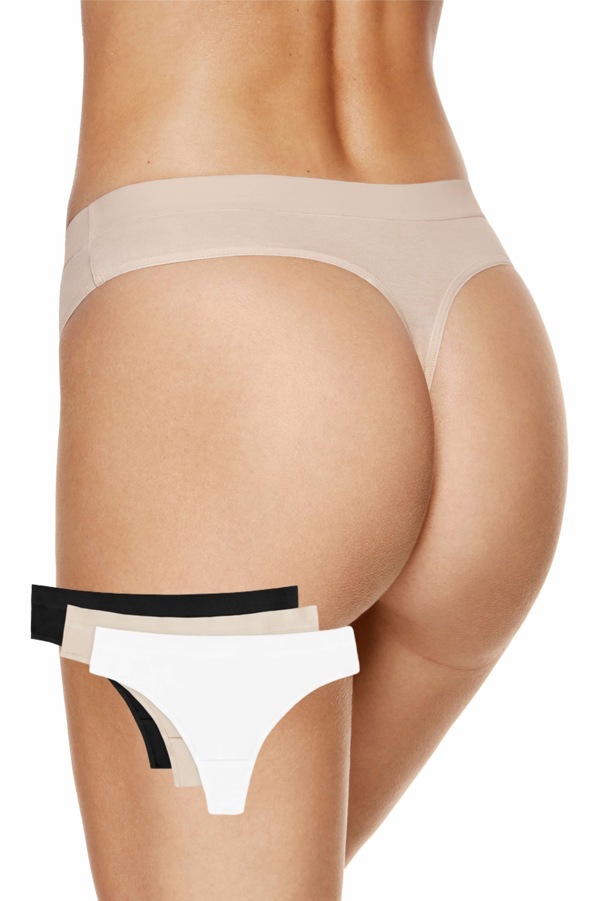 Three-pack of 100% cotton no-VPL thongs in black, beige, and white with soft waistbands and cotton crotch for breathable, skin-kind comfort