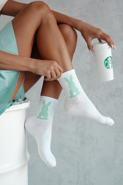 Mint cotton socks with bunny tail detail – side view showing playful design and ankle fit
