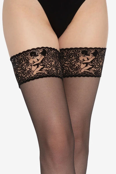 Calze Ars Amandi Hold Ups Pat. 01 – transparent Lycra hold ups with lovers motif, front view