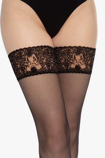 Calze Ars Amandi Hold Ups Pat. 02 – transparent Lycra hold ups with floral motif, front view