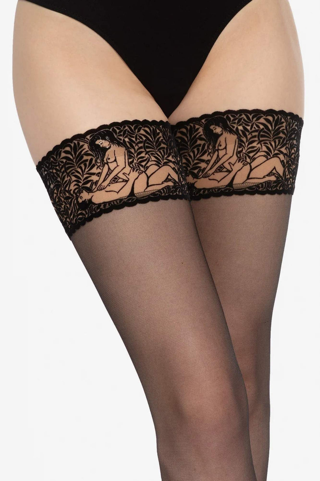 Calze Ars Amandi Hold Ups Pat. 03 – sheer Lycra hold ups with sensual motif, front view