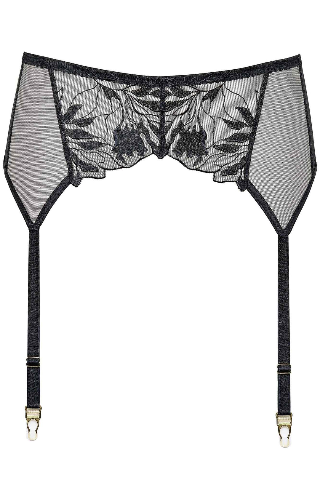 Black lace garter belt with floral patterns on a white background