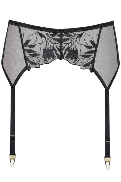 Coco embroidered garter belt in black, shown flat with sheer mesh panels and gold suspender clips.