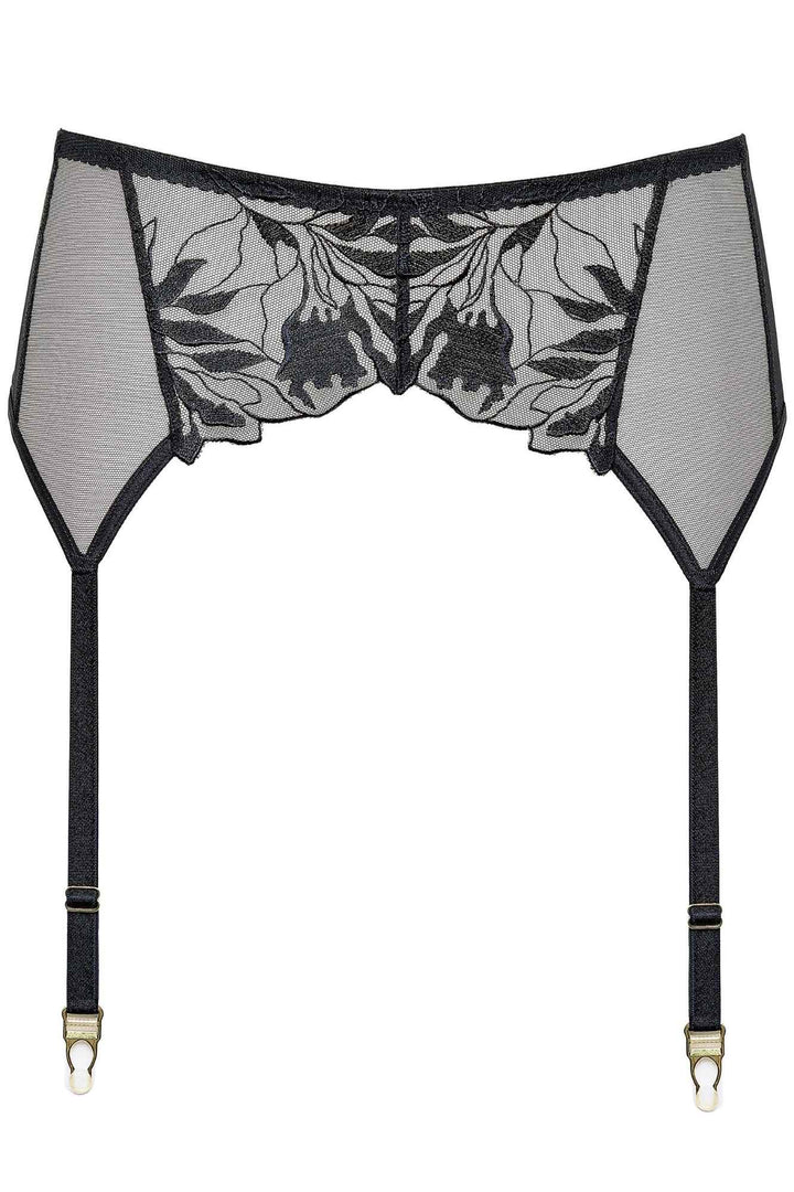 Black lace garter belt with floral patterns on a white background