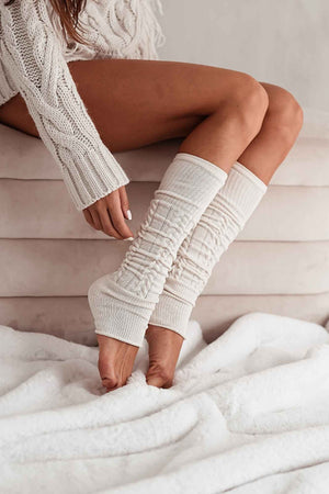 Ecru cotton openwork leg warmers for women – side view showing knit texture and full length
