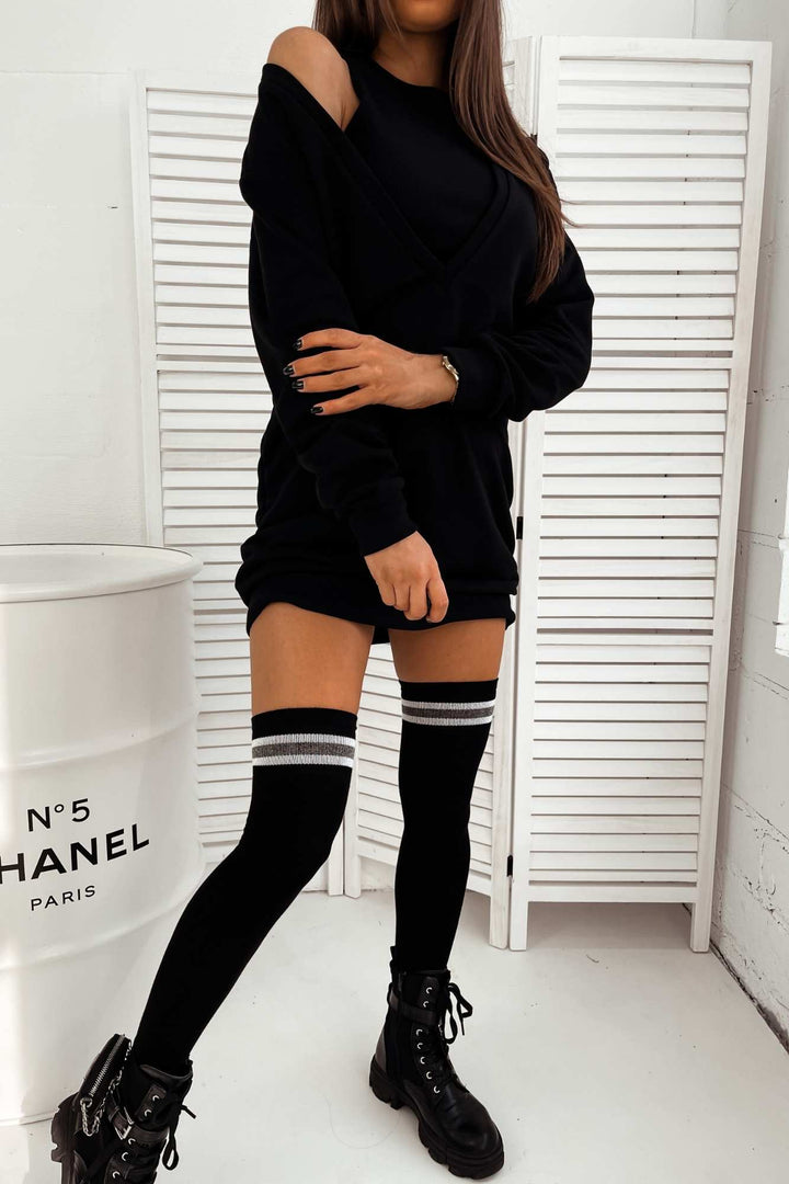 Black cotton over-knee socks with lurex stripes – second front angle showing stripe placement and length
