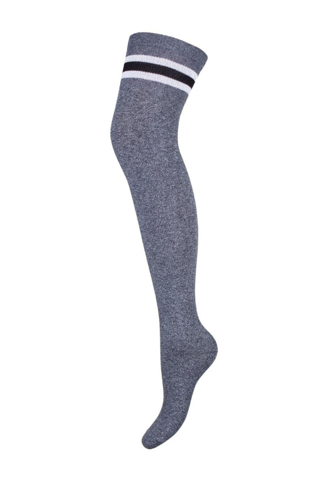 Dark melange cotton over-knee socks with lurex stripes – product view showing metallic stripe detail
