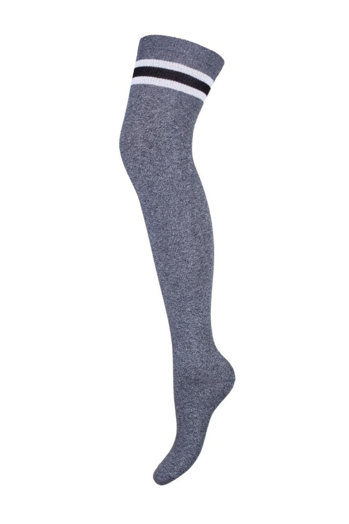 Dark melange cotton over-knee socks with lurex stripes – product view showing metallic stripe detail
