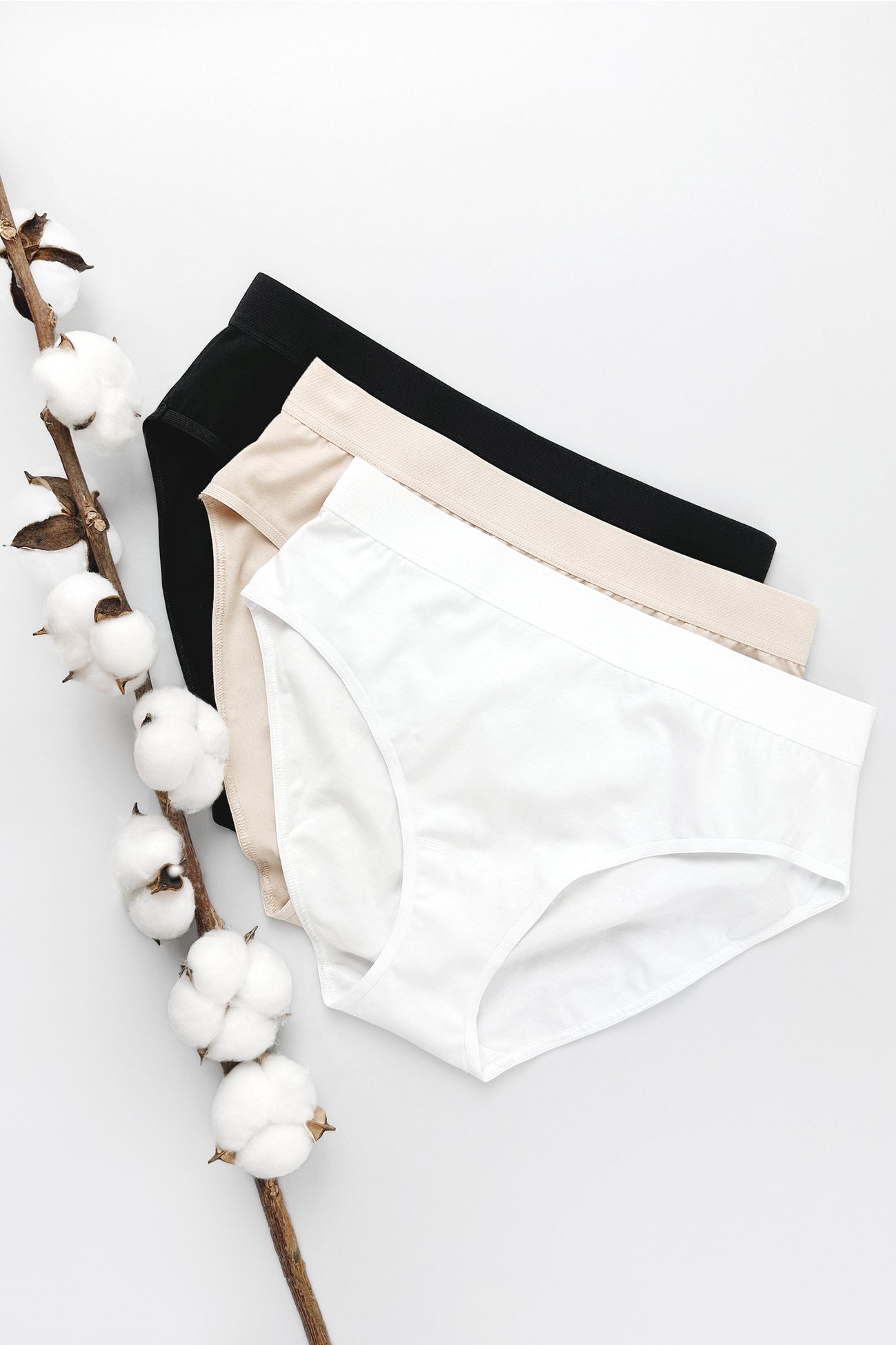 Three-pack of 100% cotton panties in black, beige, and white with elastic waistbands, cotton crotches, and classic fit