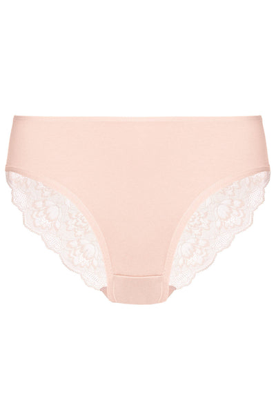 Emilia cotton panty in pink, back view with floral lace panels at each side of the seat.