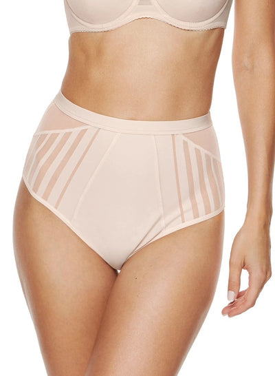 Luna high-waist panty in beige, front view with sheer striped side panels and a wide waistband.