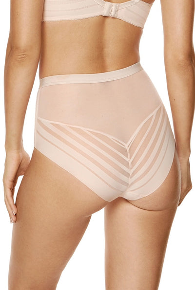 Luna beige high-waist panty from behind, showing the striped mesh chevron across the seat.