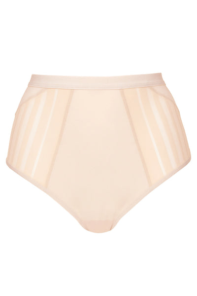 Luna high-waist panty in beige, shown flat with sheer striped panels at each hip.