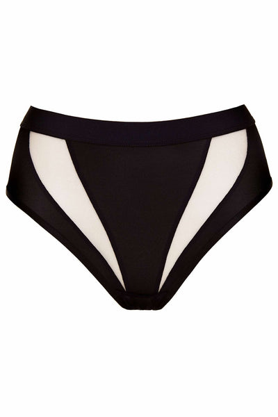 Merida panty in black, shown flat with sheer mesh side panels and a wide waistband.
