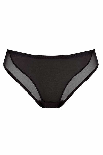 Zara Brazilian thong in black, shown flat with sheer mesh side panels and a smooth front.