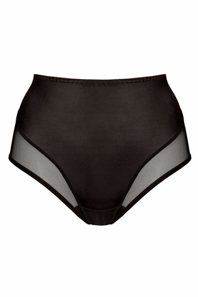 Zara high-waist shaping panty in black, shown flat with sheer mesh panels at each hip.