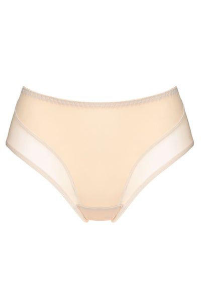 Zara smooth everyday panty in beige, shown flat with sheer mesh panels at each hip.
