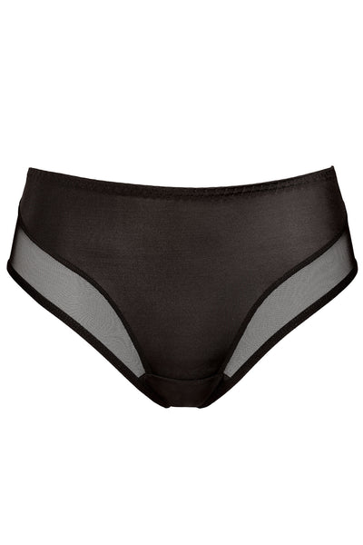 Zara smooth everyday panty in black, shown flat with sheer mesh panels at each hip.