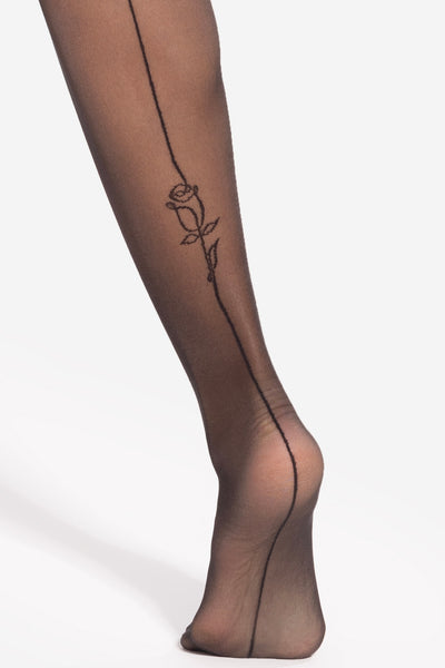 Close-up of the rose tattoo motif and back seam on Gatta sheer black patterned tights.