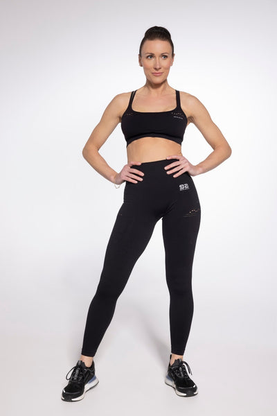 Front view of black seamless fitness bra