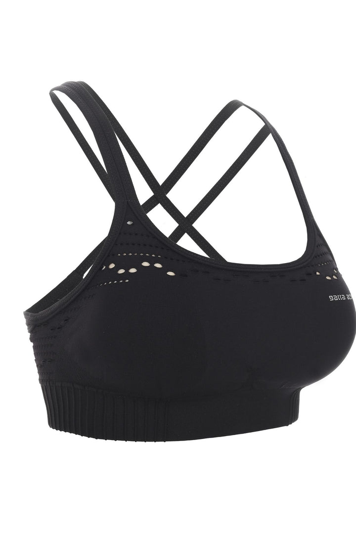 Black cropped sports bra with perforated fabric detail