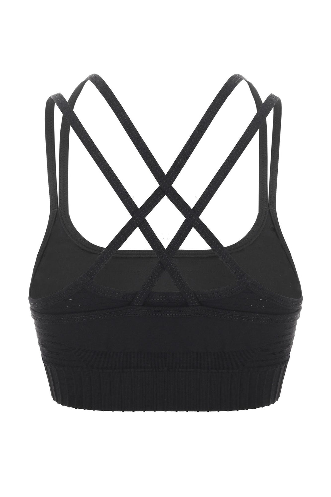 Full view of black seamless cropped fitness bra