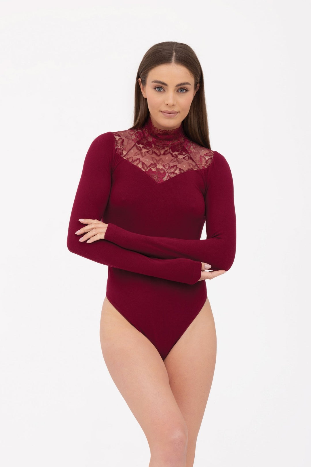 GATTA Eliana Lace Mesh Bodysuit in carmine – elegant lace and mesh design, front view

