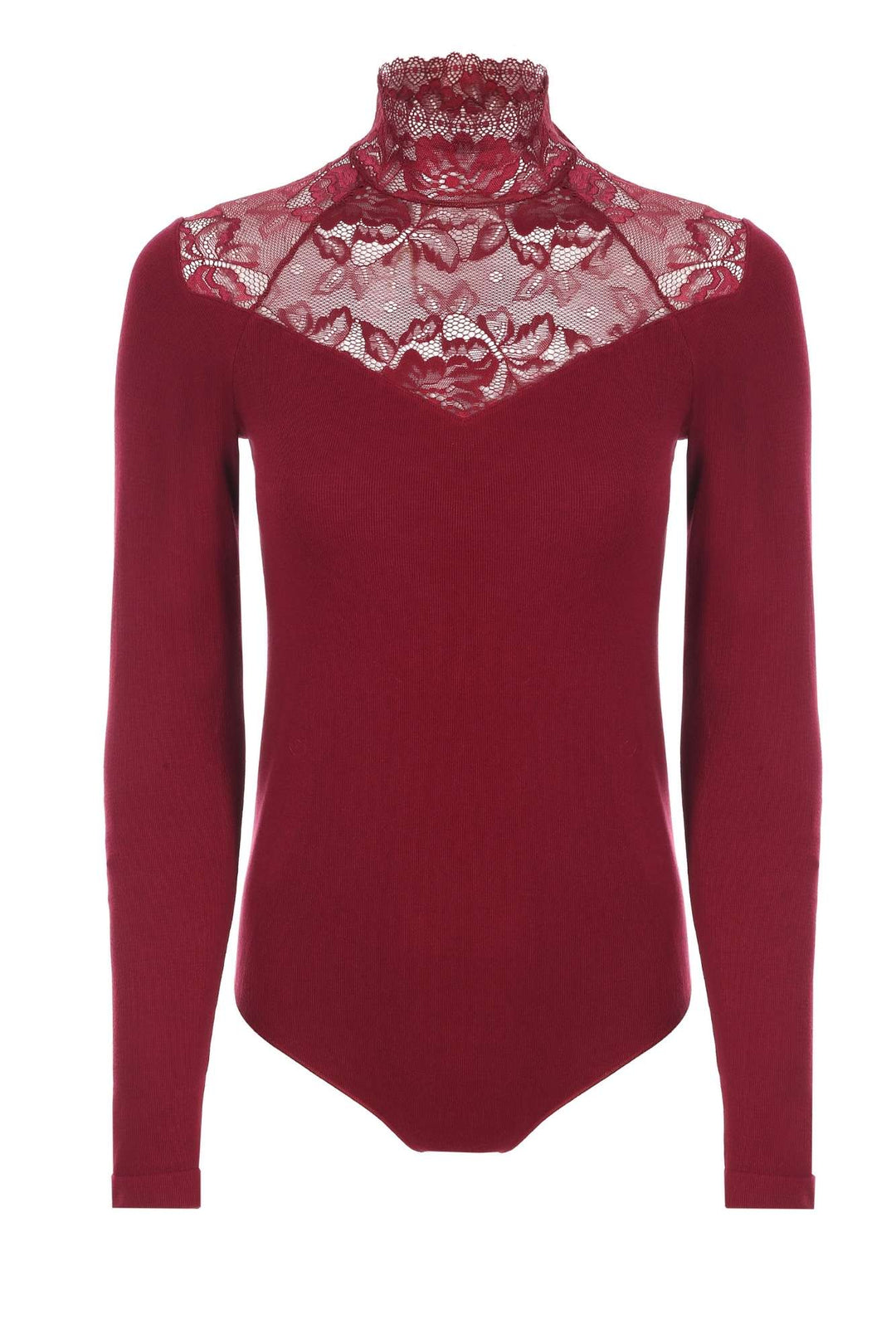 GATTA Eliana carmine lace mesh bodysuit – product flat lay, front view
