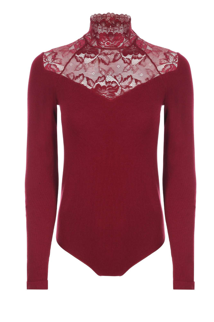 GATTA Eliana carmine lace mesh bodysuit – product flat lay, front view
