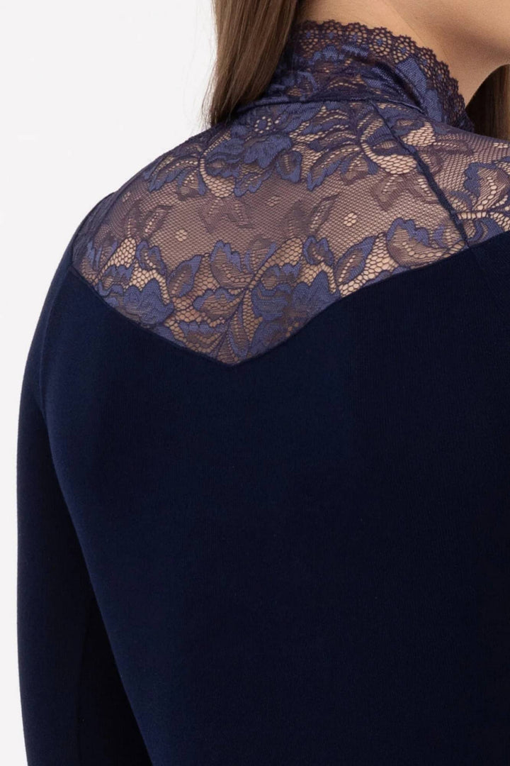 Back detail of GATTA Eliana dark navy bodysuit – lace detailing and elegant mesh finish
