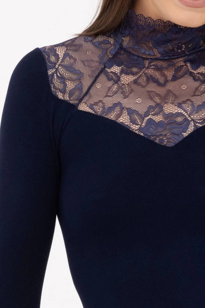 Front detail of GATTA Eliana dark navy bodysuit – sheer lace and mesh panel close-up
