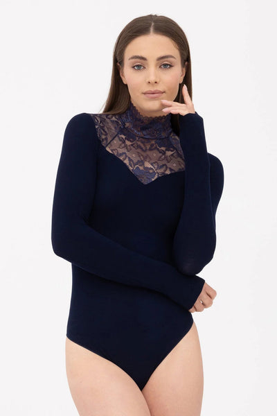 GATTA Eliana Lace Mesh Bodysuit in dark navy – elegant lace neckline, front view
