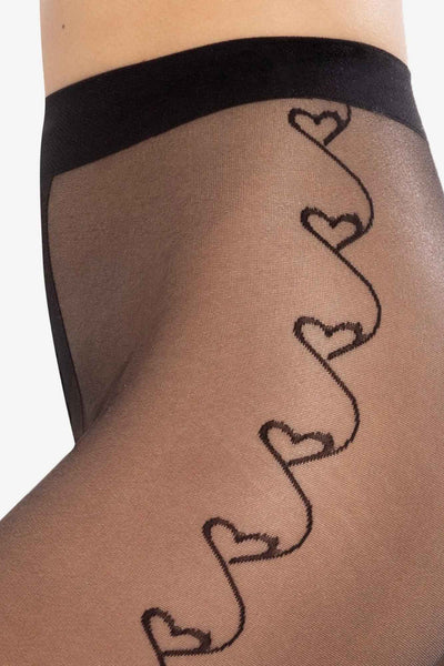 GATTA Lovely Patterned Tights 20 DEN – black sheer tights with heart pattern, side detail
